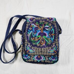 Floral Embroidered Crossbody Bag - Navy and Teal